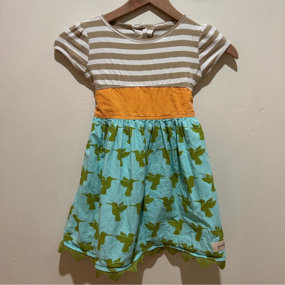 Persnickety Green, Blue & Orange Hummingbird Dress - Girl’s Size 4 Years Old
